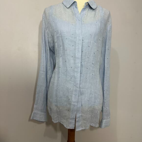 DONCASTER Blue Linen Silk 2pc Layered Top Set Sz 18 Cottage Preppy Eyelet Sheer - Picture 14 of 16